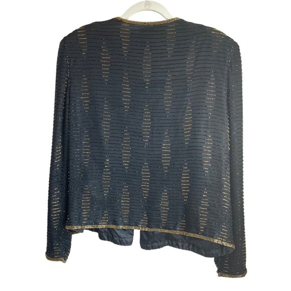 Leslie Fay Evenings Sz Medium-Large Beaded Formal Jacket Black & Gold Silk 90's - Picture 2 of 13